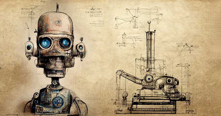 Le schema d'un robot dans le style des croquis commentés réalisés par Leonard de Vinci.