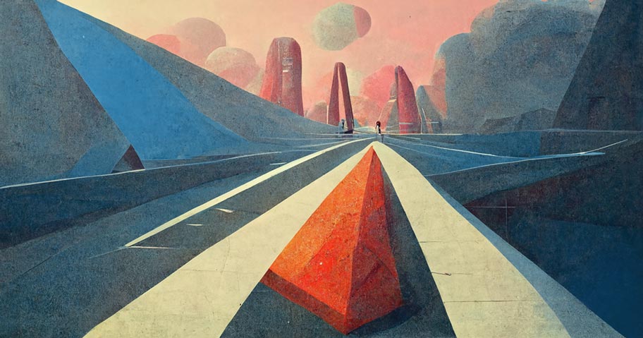 Illustration minimaliste d'une entité cherchant son chemin sur une route futuriste.